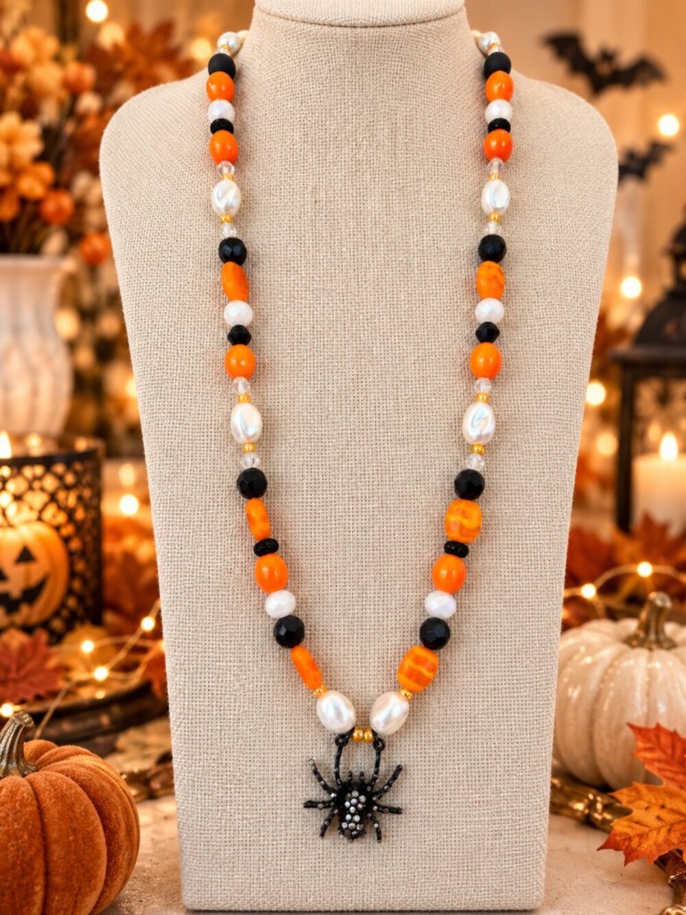 Halloween Spider Necklace, Orange Black Beaded Necklace, Rhinestone Spider